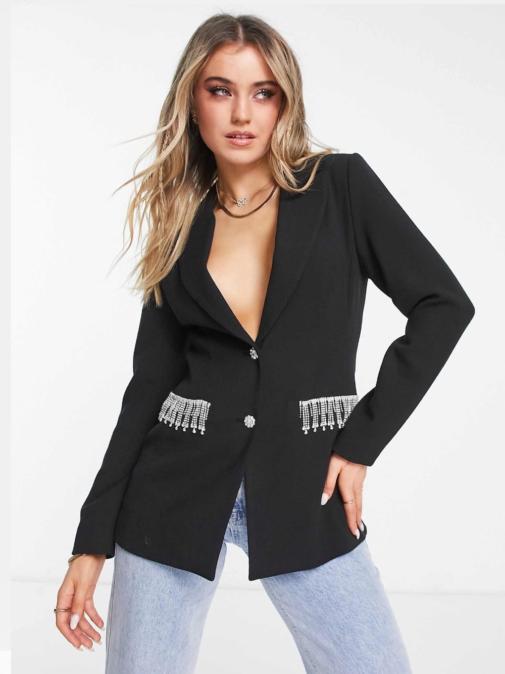 Miss Selfridge Black Blazer with Crystal Fringe Pockets